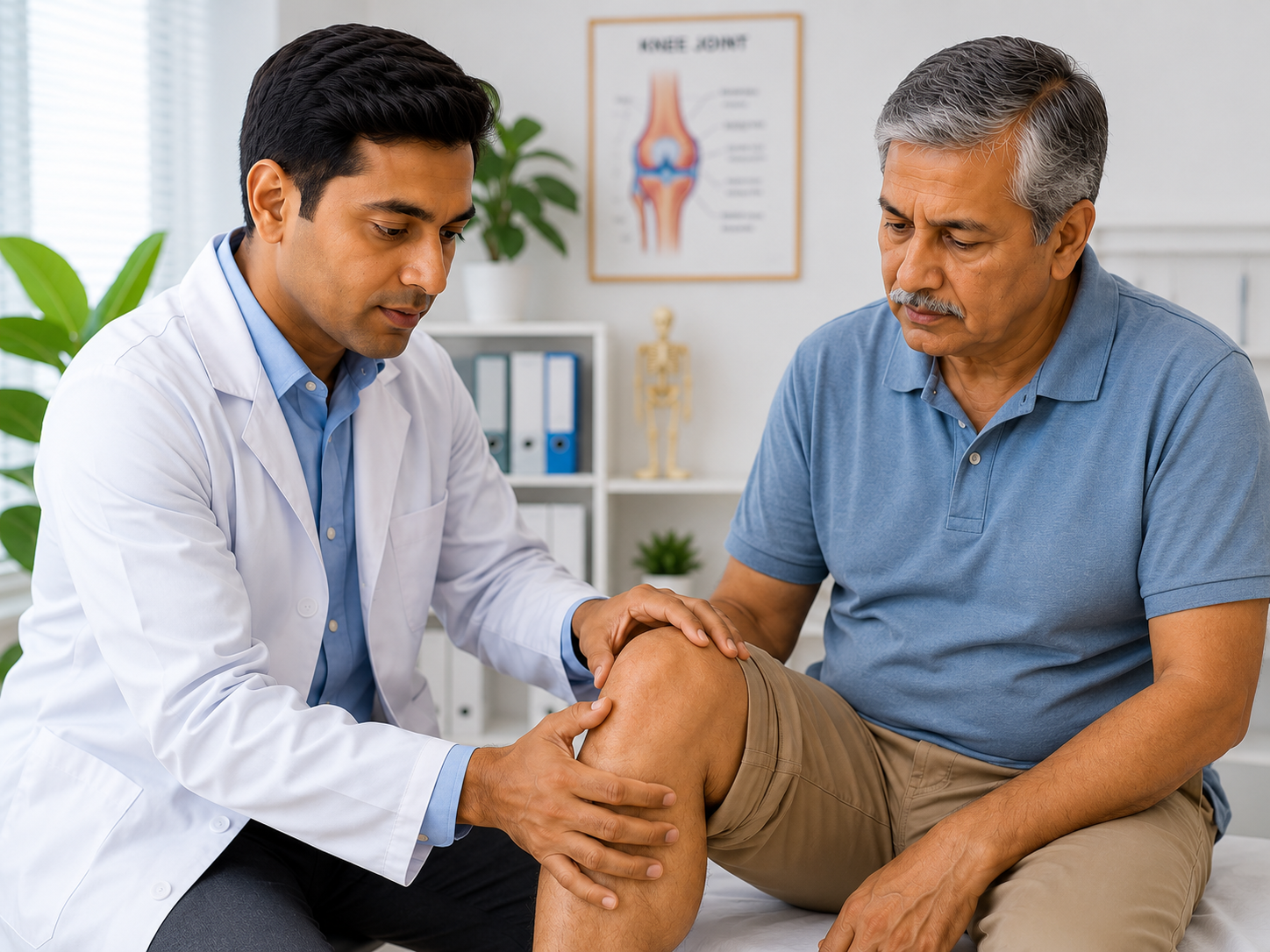 Doctor examining a patient's knee during joint pain consultation